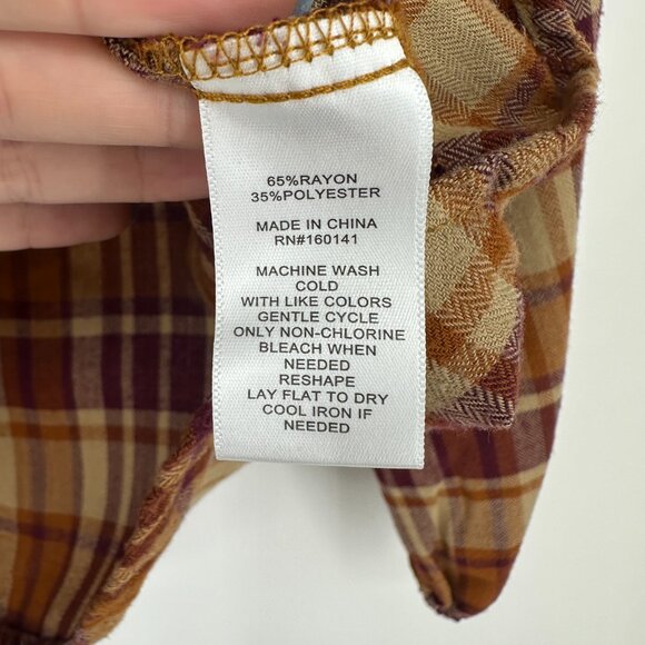 Frye Women's Ruffle Placket Flannel Plaid Top Maroon Gold Yellow Small - Picture 6 of 8